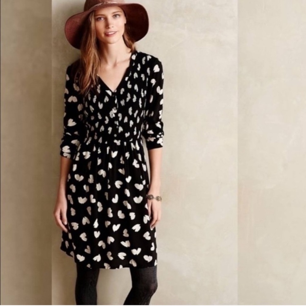 Maeve Black and Cream Long Sleeve Smocked Bodice Heart Print Dress, EUC, Small